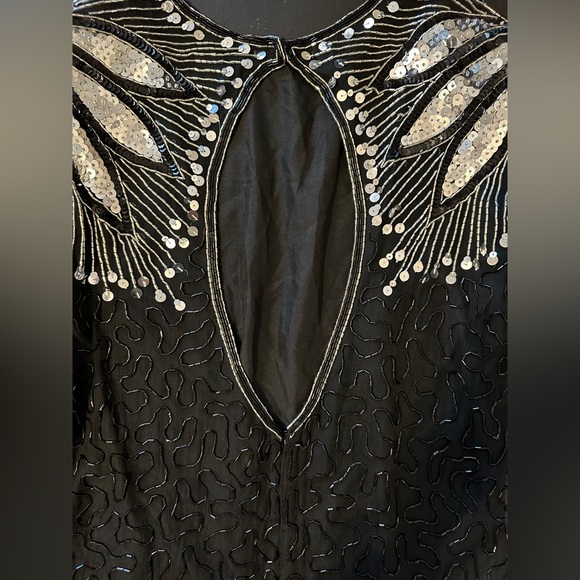 Vintage Laurence Kazar Black Silk Beaded Sheath Dress With Sequined Shoulders - Picture 5 of 15